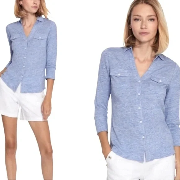 J McLaughlin Brynn Linen Button Down Top Heathered Blue 3/4 Sleeve Size XL D44 - Picture 8 of 8